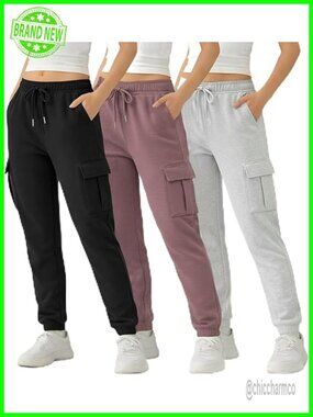 3 Pack Fleece Cargo Joggers for Women - 4 Pockets, Cuffed Ankle, Elastic